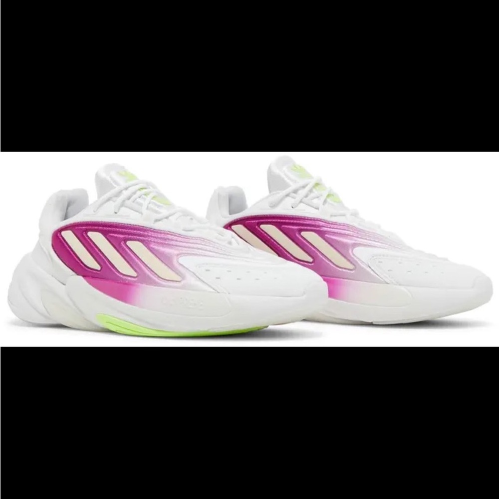 Adidas White Ozelia Running Sneakers with Magenta Gradient and Lime Accents